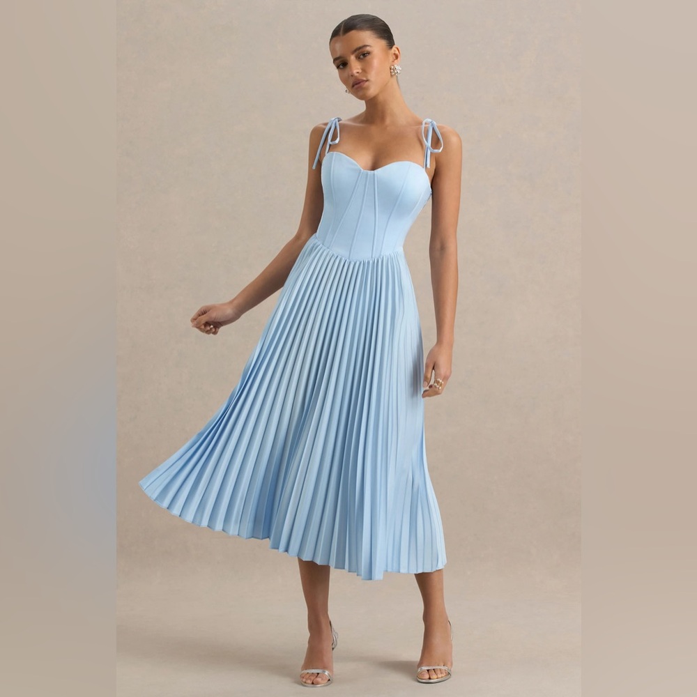 NWT Club L London Peyton Powder Blue Satin Sweetheart-Neck Midi Dress pleats  8